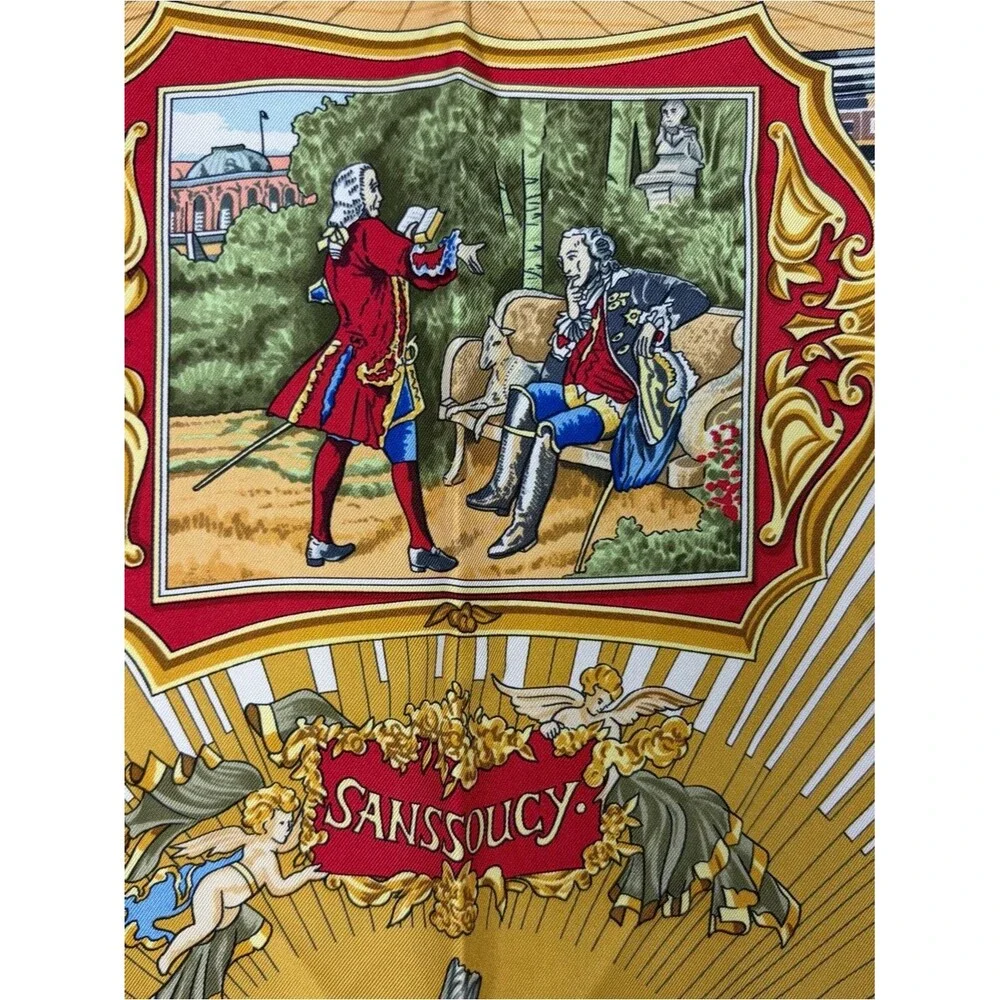 Vintage Herme’s Silk Scarf Palace Scene in Navy, Gold, Cream 34x34